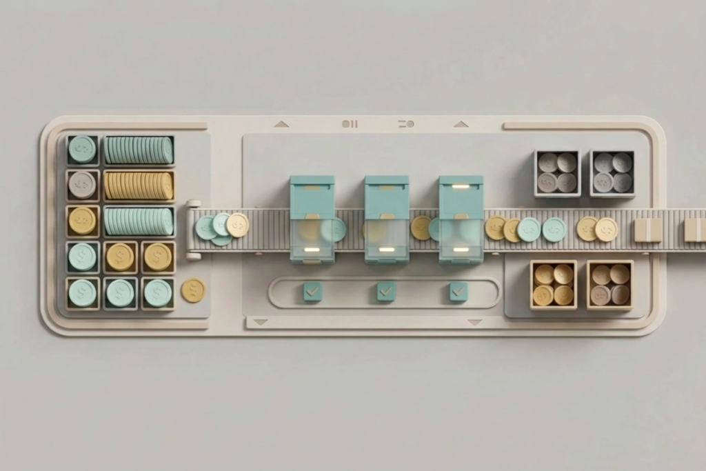 Minimal financial workflow image representing recurring payouts, approvals, and structured payment processing