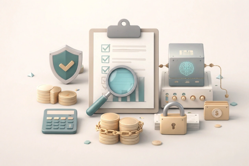 Minimal conceptual image representing financial controls, oversight, limits, and accountability in AI automation