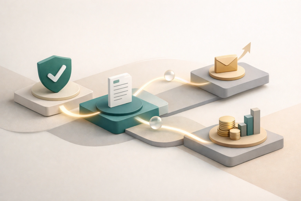 Abstract operational flow image representing verified business events triggering financial actions