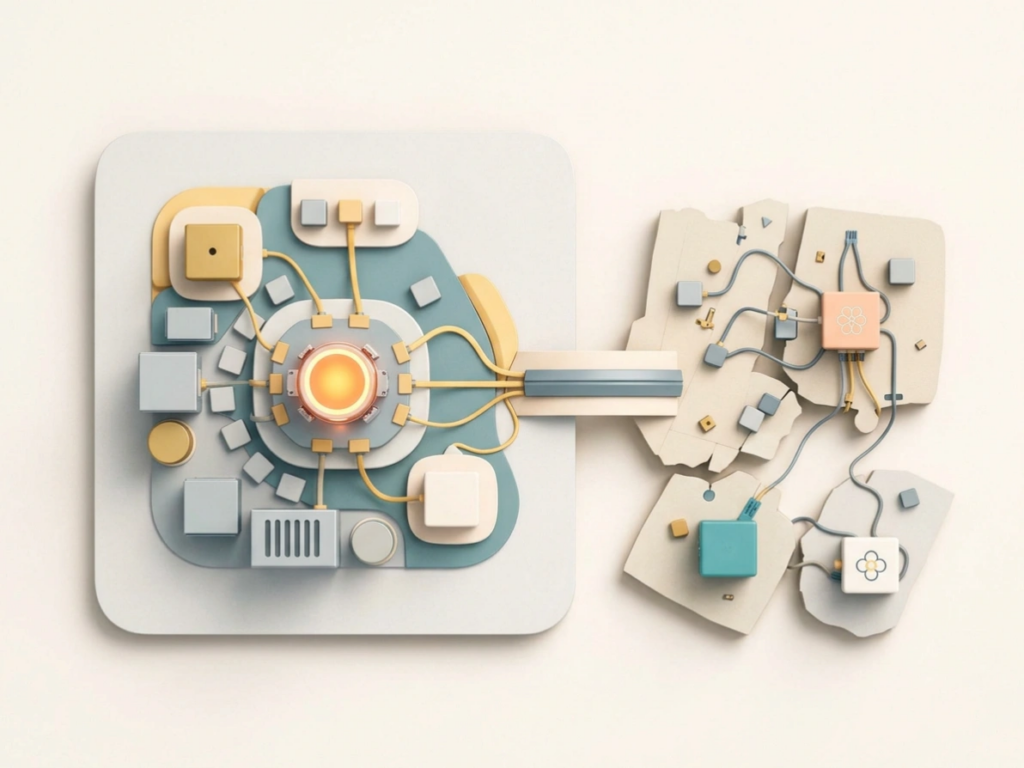 Abstract conceptual image illustrating the shift from fragmented AI connectors to shared infrastructure